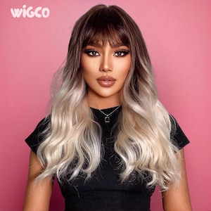 Ombre Wig with Bangs | 20” Wavy Glueless Wig | Brown to Platinum Blonde with Dark Roots | Heat-Resistant | 150% Density | WigCo