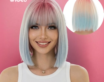 Peluca corta arcoíris pastel de 30 cm, estilo bob, sin pegamento, con efecto ombré y flequillo, multicolor rosa, blanco y azul / WigCo