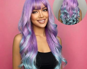 Long Ombre Purple and Blue Wig with Bangs | 26 Inch Multi-color Glueless | WigCo