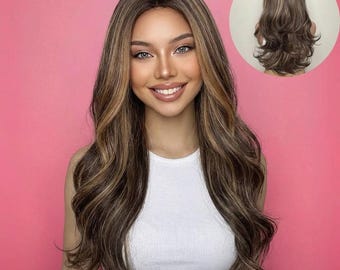 May include: A long, wavy wig featuring a dark brown base with lighter honey-blonde highlights throughout. The hair is parted in the center and falls past the shoulders in loose, soft curls. An inset circle shows the back view of the same hair.