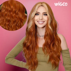 Ginger Wig with Blonde Money Piece Highlights | Glueless. 26 Inch Long Wavy Wig | WigCo