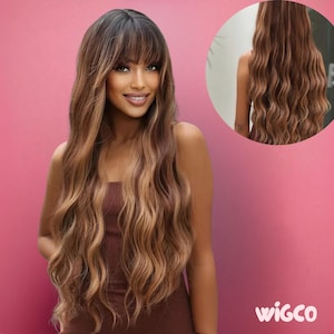 Brown Wig with Bangs | 30” Extra Long Wavy Glueless Synthetic Wig | Chestnut Balayage | Heat-Resistant | 150% Density | WigCo