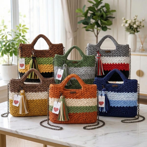 Bolso de mano de algodón de crochet hecho a mano con hilo de camiseta, bolso de hombro ecológico