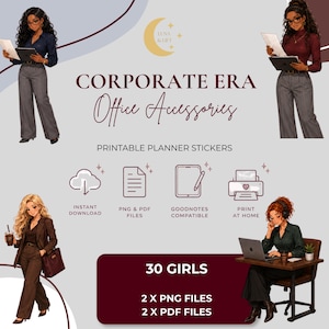 Może przedstawiać: Cyfrowa kolekcja naklejek do planera pod tytułem Corporate Era Office Accessories, zawierająca ilustracje postaci biurowych, ikony pobierania, formaty plików PNG i PDF oraz opcje drukowania w domu.