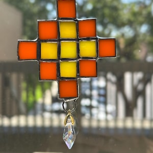 Yellow & orange geometric stained glass suncatcher window hanging. Unique home decor. Mom gift, dad gift, housewarming. Cheap. Free shipping