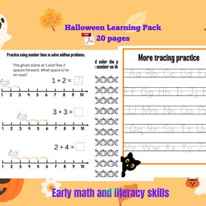 May include: A Halloween-themed learning pack with 20 pages, featuring math problems using number lines and tracing practice for letters. The image includes a ghost, pumpkin, and fall leaves, with the text "Early math and literacy skills."
