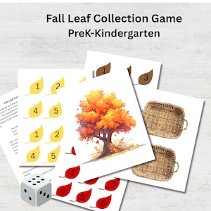 May include: An educational game for PreK-Kindergarten with a fall theme. The image shows printed leaves, a tree illustration, two woven baskets, and a die. The game includes instructions and numbered leaves for counting and matching activities.