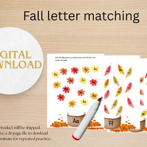Fall letter matching worksheets--26 page printable alphabet activity--Basket and leaves ABC practice--Instant download