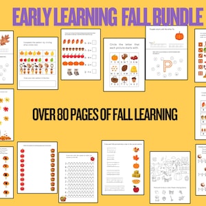 Può includere: Una raccolta di fogli di lavoro educativi per l'apprendimento precoce, con attività a tema autunnale. L'immagine include pagine con lettere, modelli, conteggio ed esercizi di colorazione. Il testo sull'immagine recita "EARLY LEARNING FALL BUNDLE" e "OVER 80 PAGES OF FALL LEARNING."