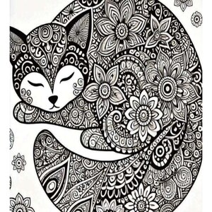 Può includere: Illustrazione in bianco e nero di una volpe addormentata arrotolata in un cerchio. La volpe e l'area circostante sono riempite di intricati motivi floreali e geometrici. Diversi piccoli disegni floreali sono sparsi intorno alla volpe.
