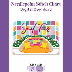 May include: A needlepoint stitch chart digital download featuring a pixel art design with the text Sow Ties. The graphic displays a colorful grid background, a central orange area with yellow accents, and a Side-Eye Stitchery logo at the bottom.