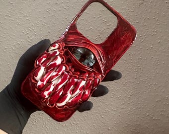Gothic Demon Eye & Bloody Teeth iPhone 16 Pro-hoesje – 3D Horror Art-telefoonhoesje