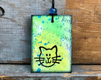 SALE Book Cover Pendant- Yellow Kitten- (25% Off)