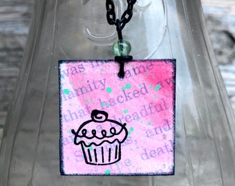 Book Page Pendant- Death by Cupcake- Recycled Book Cover