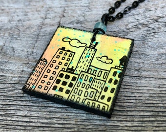 SALE Book Cover Pendant- Rainy Day City- Recycled Book (25% Off)