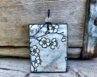 Book Page Pendant- Between the Blossoms- Recycled Book Cover