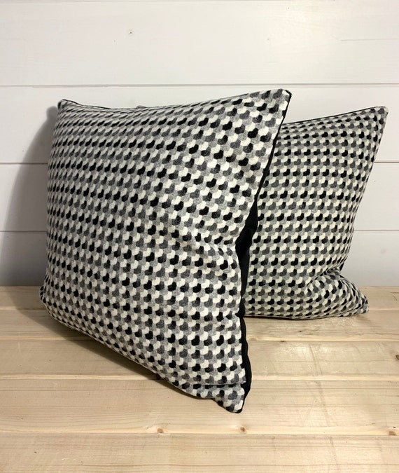 Monochrome Black, White and Grey Patterned Wool Cushion in Abraham Moon and Sons Fabric, with a Black Velvet back.
