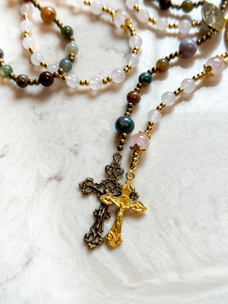 Handmade Gemstone Rosary | Full-length Catholic Rosary with Durable Metal Crucifix | Prayer Beads | Christian Gift | Ave & Earth | Baptism Gift | First Communion Gift | Confirmation Gift