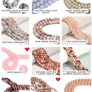 May include: A collection of twelve gemstone bead strands including blue and white sodalite, blue lace agate, light green aqua terra jasper, morganite, pink zebra jasper, pink aventurine, rose quartz, cotton candy agate, cherry flower sakura agate, rhodonite, plum blossom jasper, and peach shell pearl.