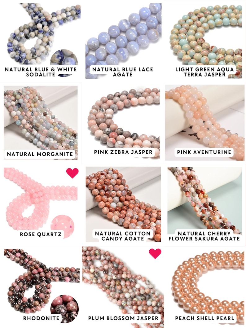 May include: A collection of twelve gemstone bead strands including blue and white sodalite, blue lace agate, light green aqua terra jasper, morganite, pink zebra jasper, pink aventurine, rose quartz, cotton candy agate, cherry flower sakura agate, rhodonite, plum blossom jasper, and peach shell pearl.