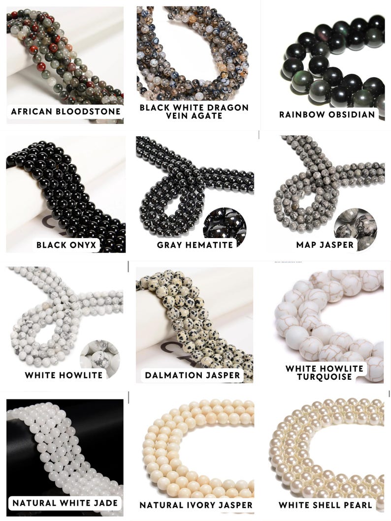 May include: A collection of twelve strands of round gemstone beads including African Bloodstone, Black White Dragon Vein Agate, Rainbow Obsidian, Black Onyx, Gray Hematite, Map Jasper, White Howlite, Dalmation Jasper, White Howlite Turquoise, Natural White Jade, Natural Ivory Jasper, and White Shell Pearl.