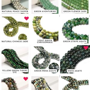 May include: A collection of twelve strands of round gemstone beads in various shades of green, including natural peace jasper, green aventurine, green flower jade, natural chinese jade, light green chrysoprase, green stripe agate, yellow green tigers eye, green moss agate, moss agate, indian agate, natural multicolor jade, and african turquoise.