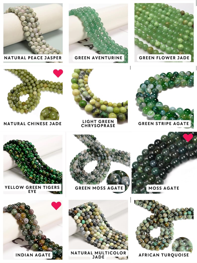 May include: A collection of twelve strands of round gemstone beads in various shades of green, including natural peace jasper, green aventurine, green flower jade, natural chinese jade, light green chrysoprase, green stripe agate, yellow green tigers eye, green moss agate, moss agate, indian agate, natural multicolor jade, and african turquoise.