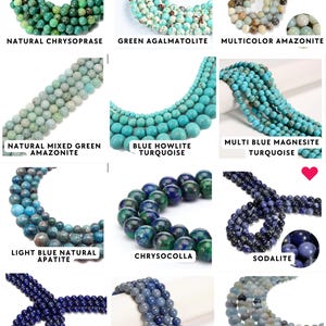 May include: A collection of twelve strands of round gemstone beads in various colors and textures, including natural chrysoprase, green agalmatolite, multicolor amazonite, blue howlite turquoise, magnesite, apatite, chrysocolla, sodalite, lapis lazuli, blue aventurine, and aquamarine.