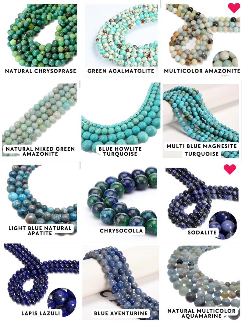 May include: A collection of twelve strands of round gemstone beads in various colors and textures, including natural chrysoprase, green agalmatolite, multicolor amazonite, blue howlite turquoise, magnesite, apatite, chrysocolla, sodalite, lapis lazuli, blue aventurine, and aquamarine.