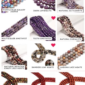 May include: A collection of twelve gemstone bead strands labeled as Purple Blue Galaxy Jasper, Dark Lepidolite, Natural Su Fluorite, Multicolor Amethyst, Teeth Amethyst, Natural Eudialyte, Natural Mexican Crazy Lace Agate, Bamboo Leaf Agate, Laguna Lace Agate, Red Creek Jasper, Carnelian, and Natural Red Poppy Jasper.