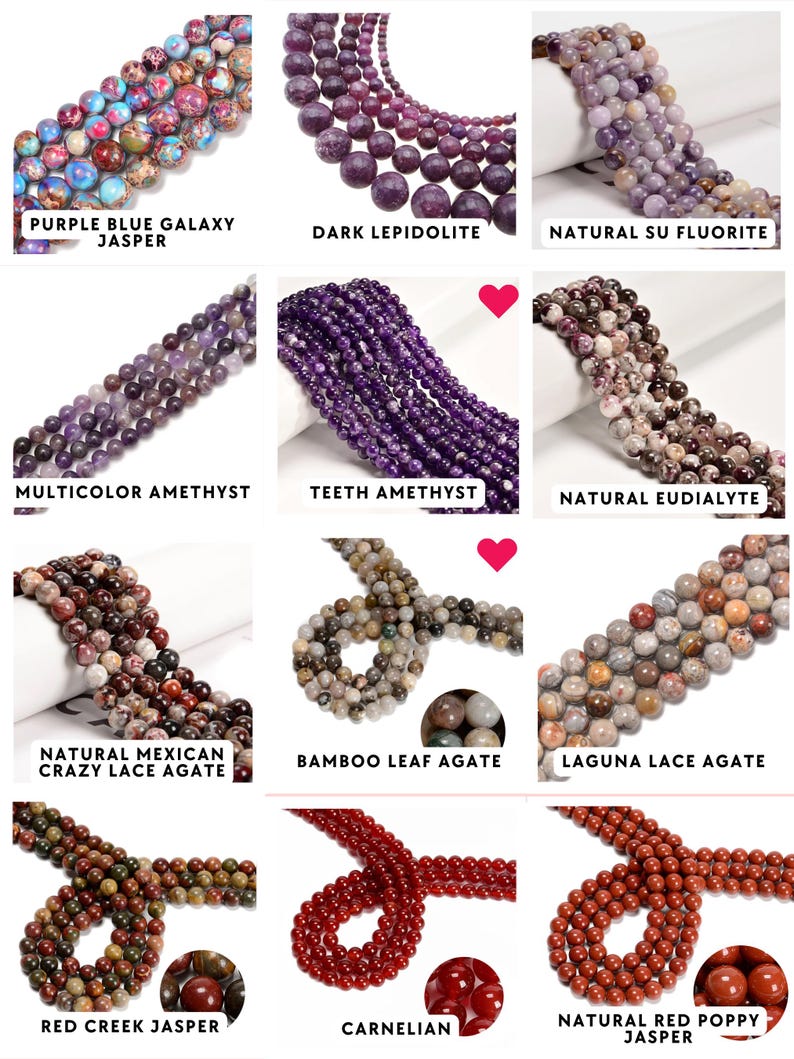 May include: A collection of twelve gemstone bead strands labeled as Purple Blue Galaxy Jasper, Dark Lepidolite, Natural Su Fluorite, Multicolor Amethyst, Teeth Amethyst, Natural Eudialyte, Natural Mexican Crazy Lace Agate, Bamboo Leaf Agate, Laguna Lace Agate, Red Creek Jasper, Carnelian, and Natural Red Poppy Jasper.