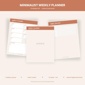 Puede incluir: Un conjunto de páginas de planificador imprimibles que incluye un planificador semanal con secciones para cada día de la semana y objetivos, además de un rastreador de hábitos. Encabezado terracota con texto blanco y fondo crema.
