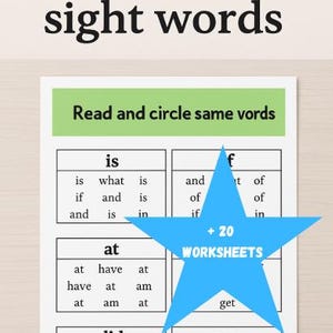 Puede incluir: Una hoja de trabajo para practicar palabras de uso frecuente. El título dice "Practica palabras de uso frecuente" y "Lee y encierra las mismas palabras". La hoja de trabajo incluye ejercicios de emparejamiento de palabras con palabras como "is", "at", "did" y "now". Un gráfico de estrella azul indica "+ 20 HOJAS DE TRABAJO".
