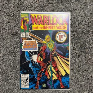May include: A comic book titled "Warlock and the Infinity Watch" with a colorful illustration of a superhero. The cover features the Marvel logo, issue number 1, and text that reads "Collector's Item". The comic is from the 30th Anniversary of The Fantastic Four.