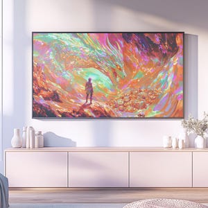 Könnte beinhalten: Ein großes, gerahmtes Kunstwerk, das einen farbenfrohen Drachen und eine Figur in einer lebendigen, abstrakten Landschaft zeigt. Das Kunstwerk ist über einem hellrosa Schrank mit weißen Vasen und Dekorationsgegenständen angebracht.