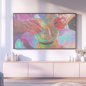 Iridescent-lovers T.V. Art – Holographic Style Artwork in 4k for Frame TV and Desktop Displays- Potter Woman Hands Sculpt Vase Pottery # 477