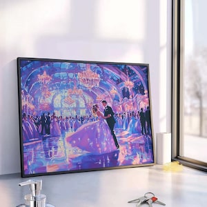 Arte de pared imprimible de baile de salón iridiscente: descarga digital - Escena romántica de vals, detalles iridiscentes brillantes, decoración lujosa y colorida 301