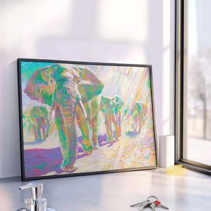 Iridescent Elephant Printable Wall Art - Holographic Rainbow Herd Print - Large Africa Sahara Safari Sunshine Poster - Digital Download 423
