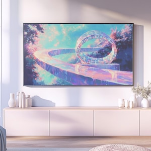 May include: A large framed artwork depicts a surreal landscape with a glowing, crystalline ring structure. The painting features a palette of blues, pinks, and purples, creating a dreamlike atmosphere. The artwork is mounted above a light-colored cabinet.