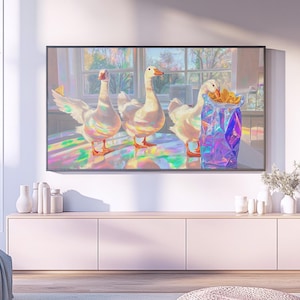 Iridescent-lovers T.V. Art – holograficzna grafika w rozdzielczości 4K na telewizory ramkowe i wyświetlacze komputerowe – zabawne gęsi jedzące chipsy w słonecznej kuchni nr 475