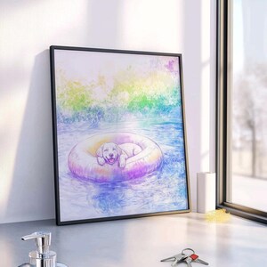 Iridescent Dog in Pool Float Sketch - Pastel Summer Print, Relaxed Canine Scene, Printable Wall Art Digital Download, Playful Colorful 245