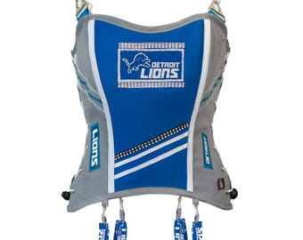 May include: A gray and blue corset featuring the Detroit Lions logo. The corset has blue straps and suspenders, with the team name and logo prominently displayed. The design includes white stripes and the word "Lions" on the sides.