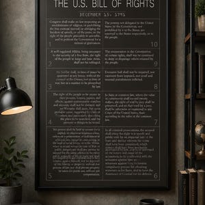 Może przedstawiać: Oprawiony czarny plakat z tekstem Karty Praw Stanów Zjednoczonych zapisanym białymi literami. Dokument nosi tytuł United We Stand, Divided We Fall i jest datowany na 15 grudnia 1791 roku, z dziesięcioma poprawkami wymienionymi w układzie siatki.