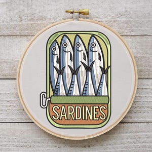 Sardines Embroidery Design, Sardine Can Embroidery Design, Fish embroidery pattern, Funny Cute Retro Food Stitch, Fish Embroidery File