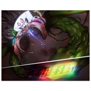 May include: A digital illustration of a bizarre creature with a white mask, multiple eyes, and a large mouth. A vine-like arm extends from the creature. The word "RESET" is displayed in a neon sign, with a beam of light.