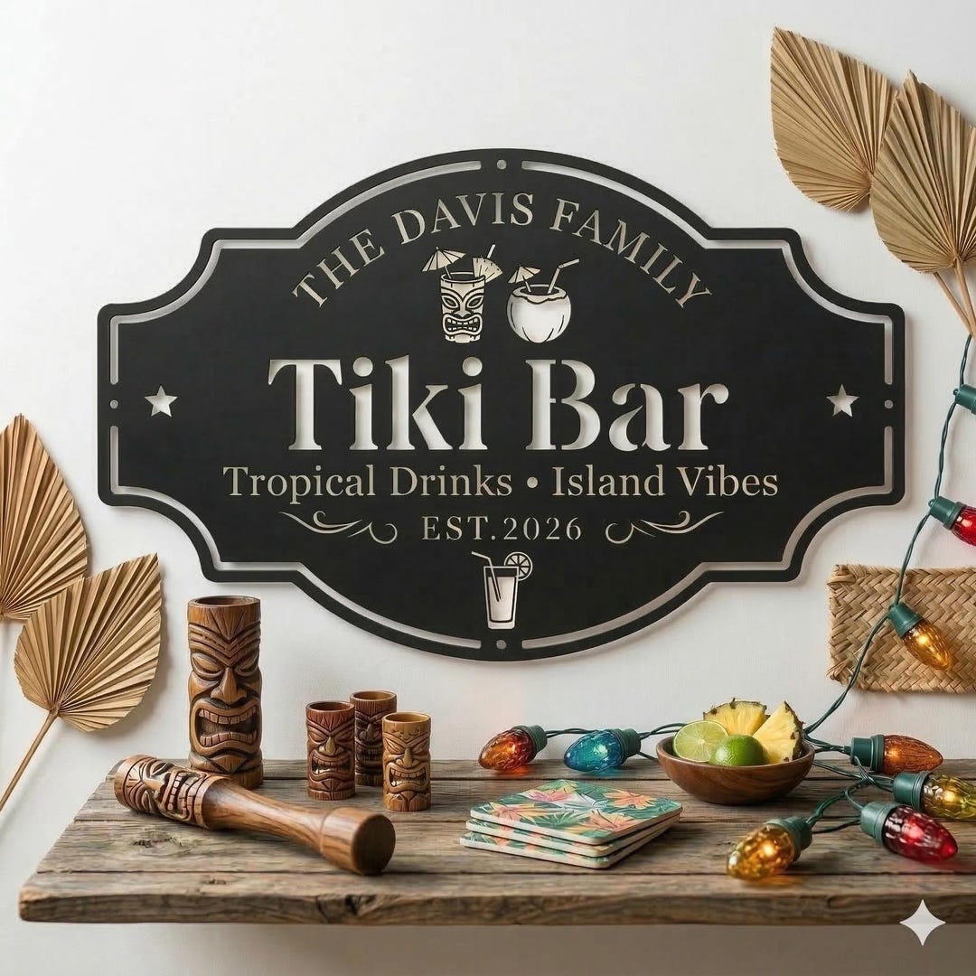 Personalized Tiki Bar Metal Sign, Custom Family Name Tropical Bar Decor ...