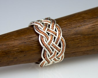 Hand-tied silver and twisted copper wire Turks Head Knot ring