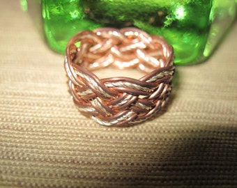 Hand-tied copper and silver wire Turks Head Knot ring