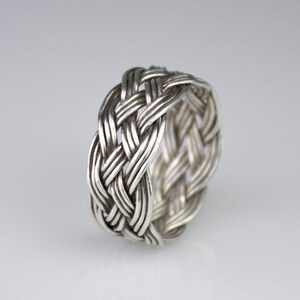 Hand-tied tripled straight silver wire Turks Head Knot ring