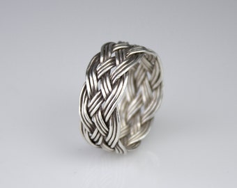 Hand-tied tripled straight silver wire Turks Head Knot ring